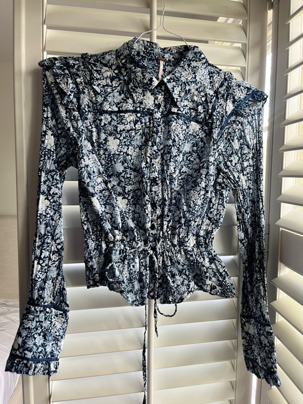Free People Navy and White Floral Drawstring Button-Down Blouse